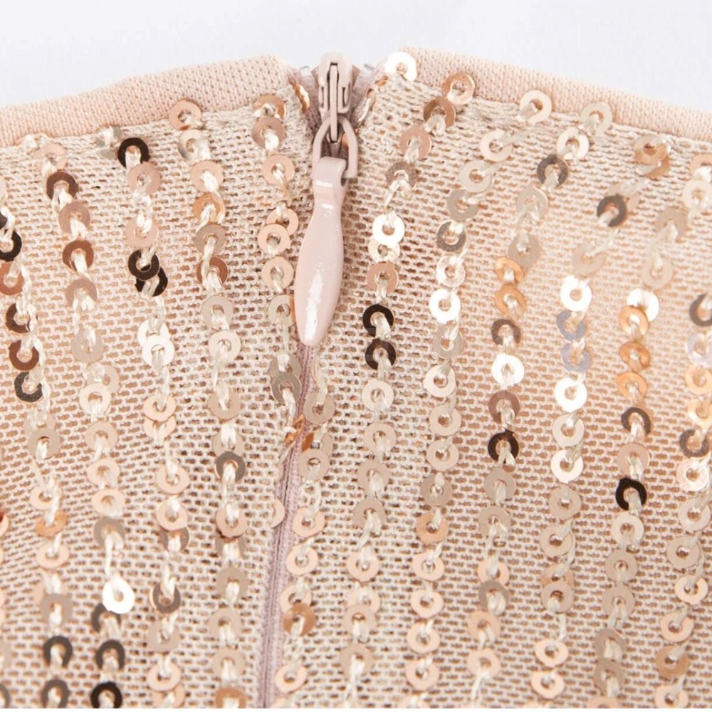 Gold Sequins on Beige V-Neck Surplice Long Sleeve Belted Mini Dress Short - Picture 7 of 11